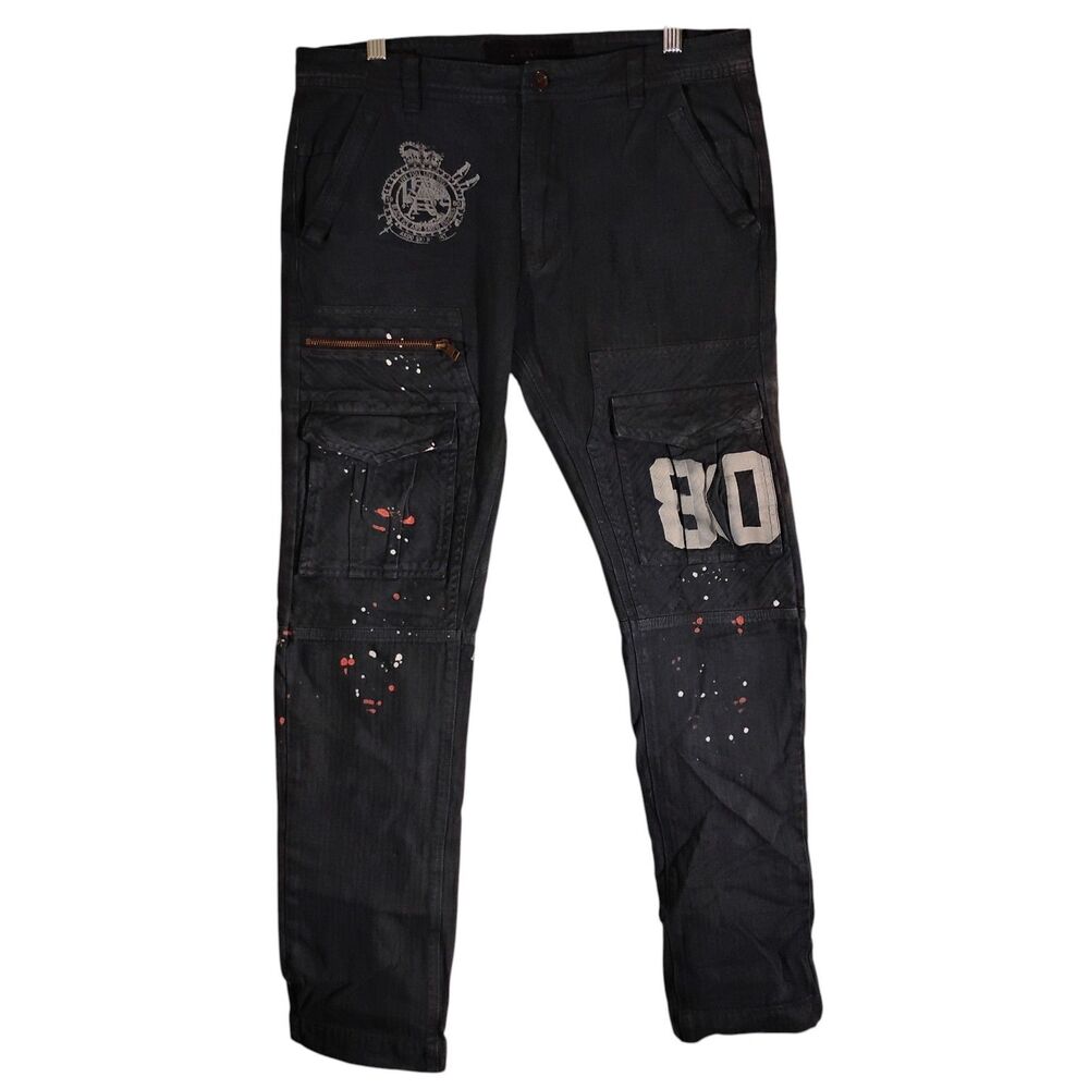 AKOO cargo jeans mens 32 32x30 blue denim pants standard fit paint splatter